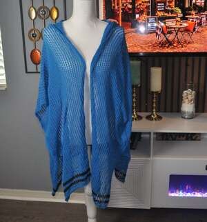 Blue Calypso Green Label Royal Blue Open Knit Hooded Cardigan Wrap Black Stripe